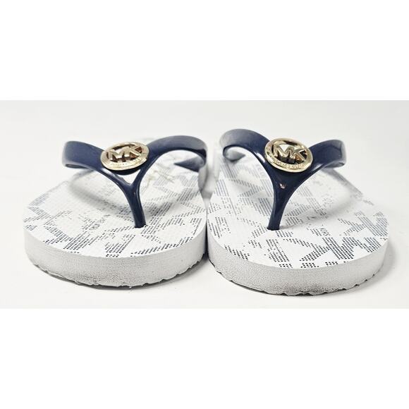 Michael Kors Jet Set Flip Flop Sandals Womens Size 8 Navy White Gold MK Logo - Picture 3 of 7